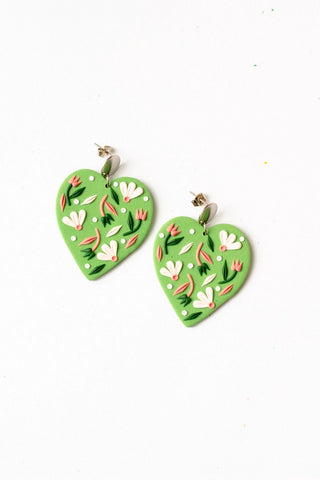 SLOW DAY STUDIOS Floral Heart Earrings - Sage
