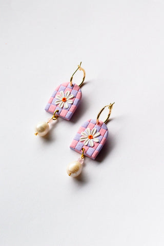 SLOW DAY STUDIOS Creole Bow Floral Checkered Earrings - Purple and Pale Pink