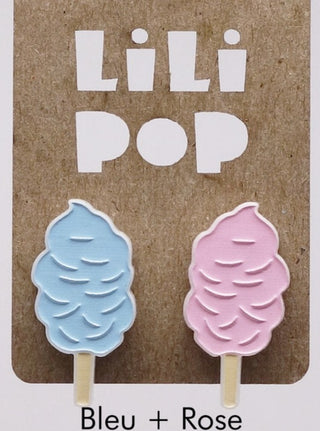 Boucle d'oreille barbe à papa bleu et rose. Parfait idée cadeau femme. Bijoux fait au Québec.