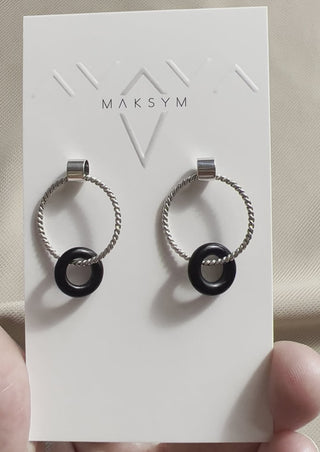 MAKSYM Twisted Hoop Earrings + Black Onyx - Silver