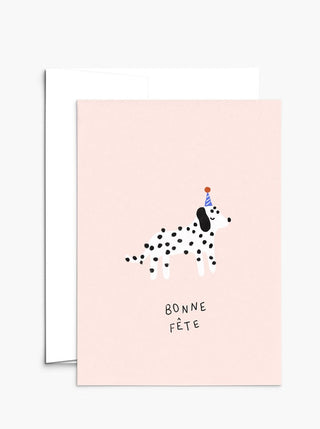 Carte de souhait Dalmatien Mimi & August, dalmatien avec un chapeau de fête et l'inscription "Bonne fête". Parfaite idée de cadeau pour femme et pour un anniversaire.