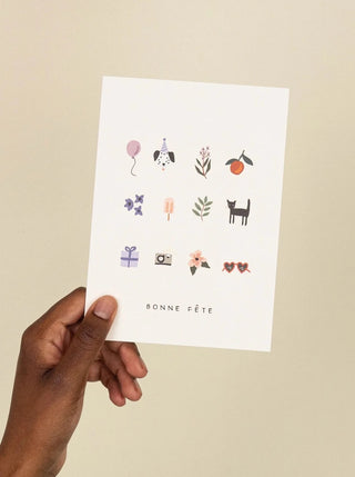 Carte de souhait Surprise Cool Mimi & August, avec pleins de dessins mignons et l'inscription "Bonne fête". Parfaite idée de cadeau pour femme et pour un anniversaire. Fabriquée au Canada.