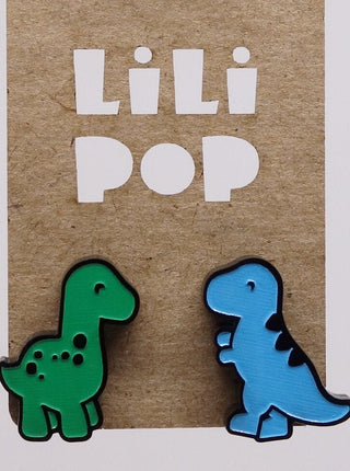Boucle d'oreille dinosaure vert et bleu. Parfait idée cadeau femme. Bijoux fait au Québec.