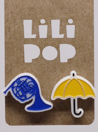 Boucle d'oreille himym trompette bleu et parapluie jaune. Parfait idée cadeau femme. Bijoux fait au Québec.