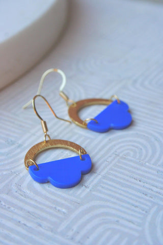 GOLD HOOP Half Cloud Earrings - Blue