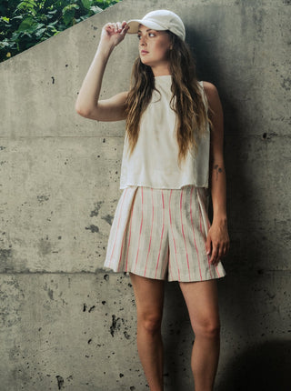 Short ample ligné beige et rose  Bodybad. Montreal designer boutique.