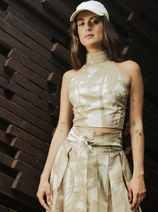 Haut sans manche motif palmier beige Bodybad. Montreal designer  boutique.