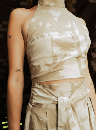 Haut sans manche motif palmier beige Bodybad. Montreal designer boutique.