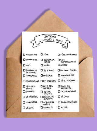 OUI MANON Carte - Joyeux n'importe quoi, avec une case à cocher pour préciser la fête. Fait à Montréal.