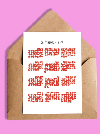 OUI MANON Carte - Je t'aime x 365, avec des cœurs représentants les jours d'un calendrier. Fait localement à Montréal. 
