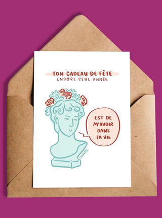 OUI MANON Carte - Ton cadeau de fête, carte avec le dessin d'une statue d'un buste de femme. Fait localement à Montréal.